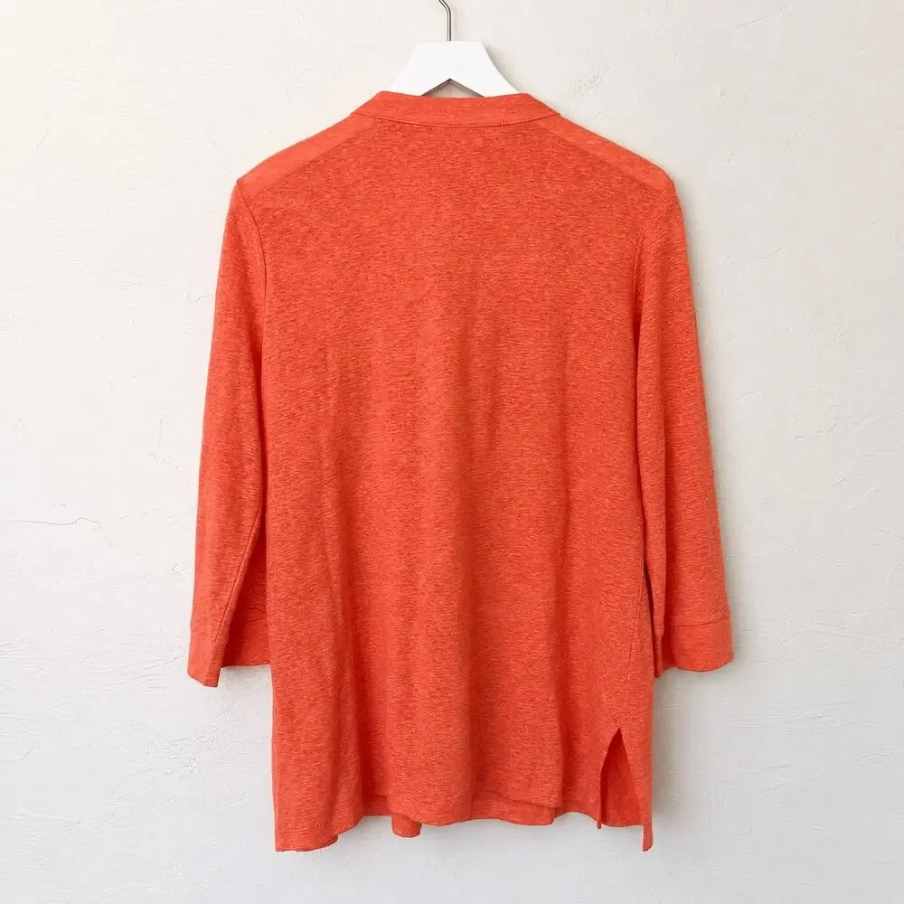 Chico's Coral Linen Tunic M Beaded Embellished Split Neck Coastal Resort Boho